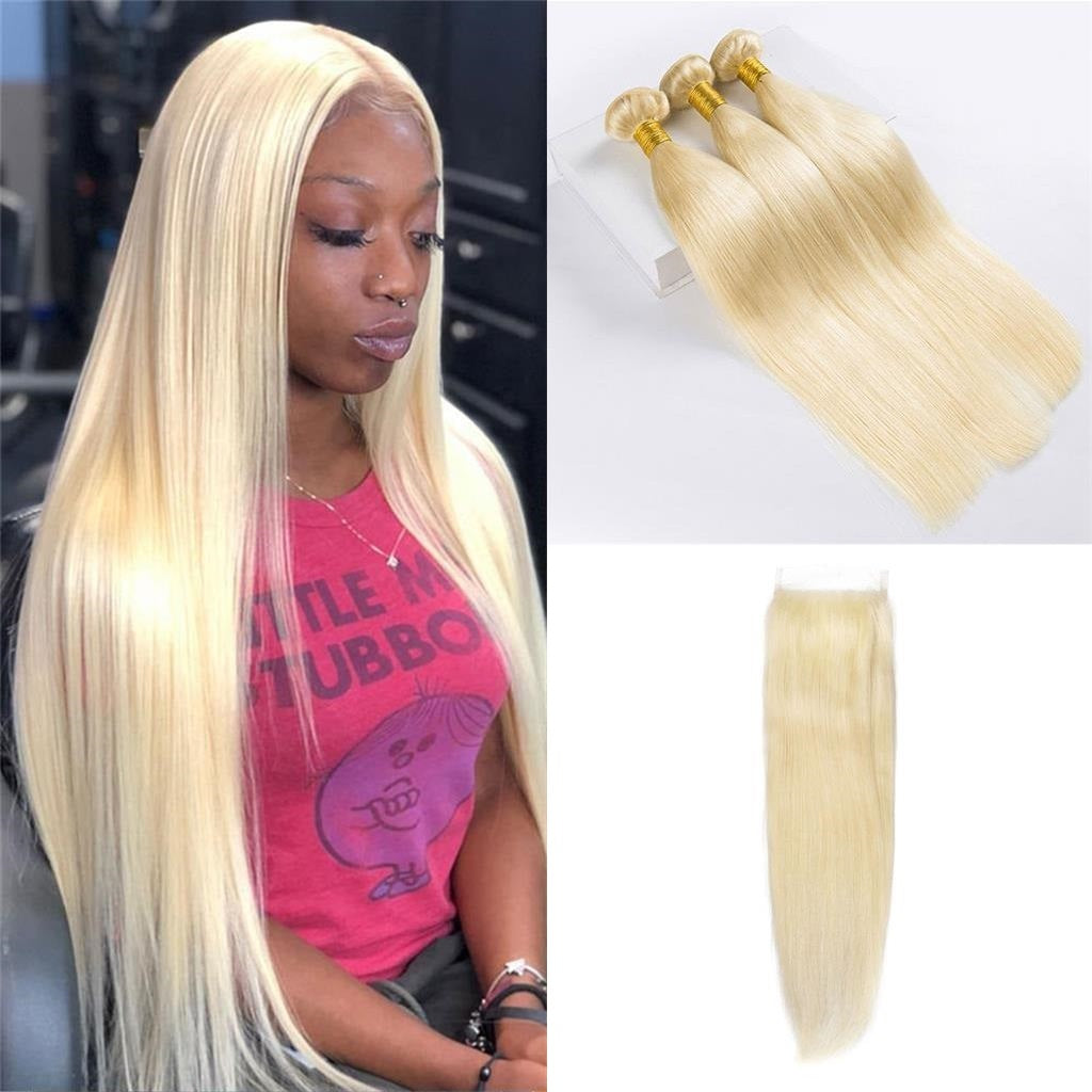 Blonde-613-human-hair-bundles-straight-with-lace-closure-deal