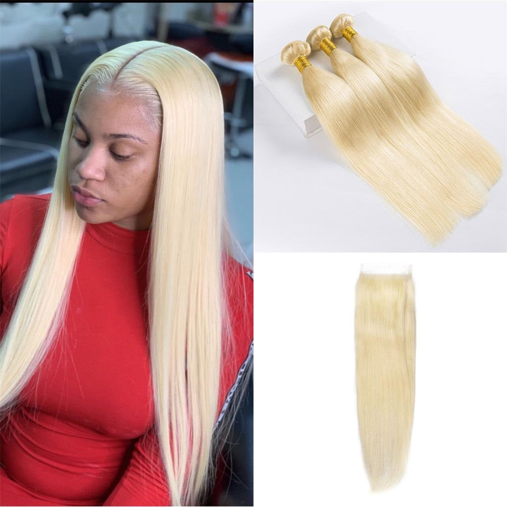 Blonde-613-human-hair-weaves-brazilian-straight-with-transparent-free-part-lace-closure-deal